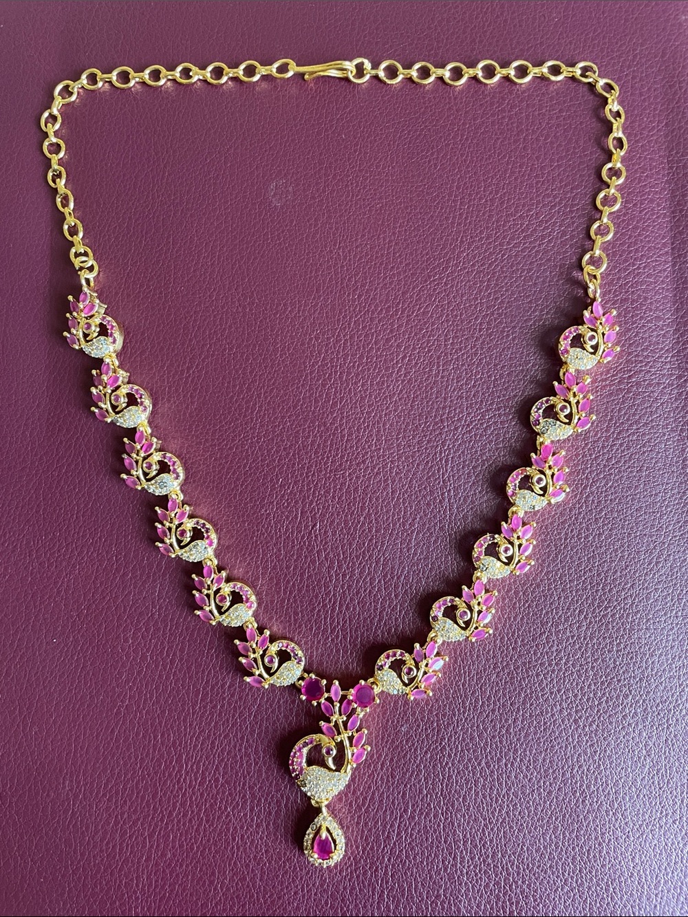 Gold-Tone Pink Stone Floral Necklace - Women Jewelry